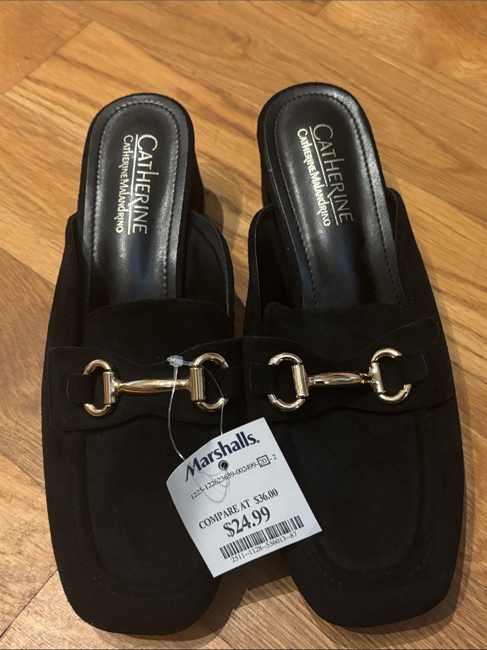 Catherine Catherine Malandrino Black Suede Loafer Mules Gold Horsebit Size 8.5